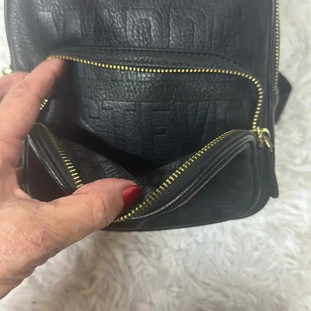 Steve Madden Mini Backpack Purse Black Embossed Leather Logo - Picture 7 of 10
